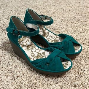 FLY London Yoel Teal Wedge Sandals (38)